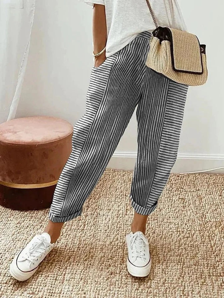 Tapered Linen Trousers with Pockets for Women in black / white