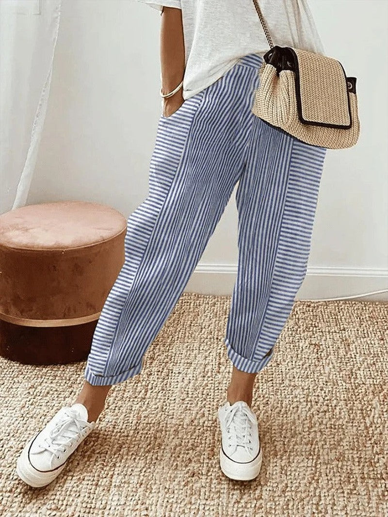 Tapered Linen Trousers with Pockets for Women in blue / white