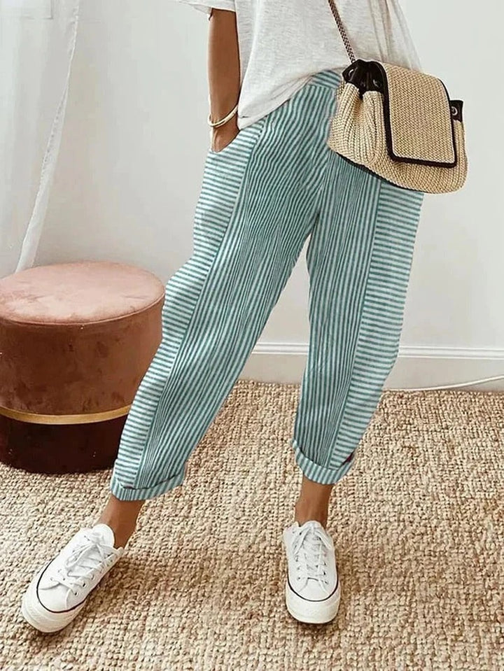 Tapered Linen Trousers with Pockets for Women in green / white