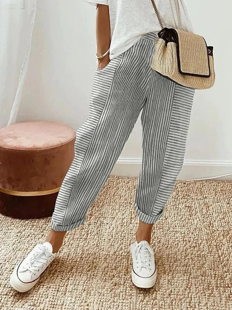 Tapered Linen Trousers with Pockets for Women in grey / white