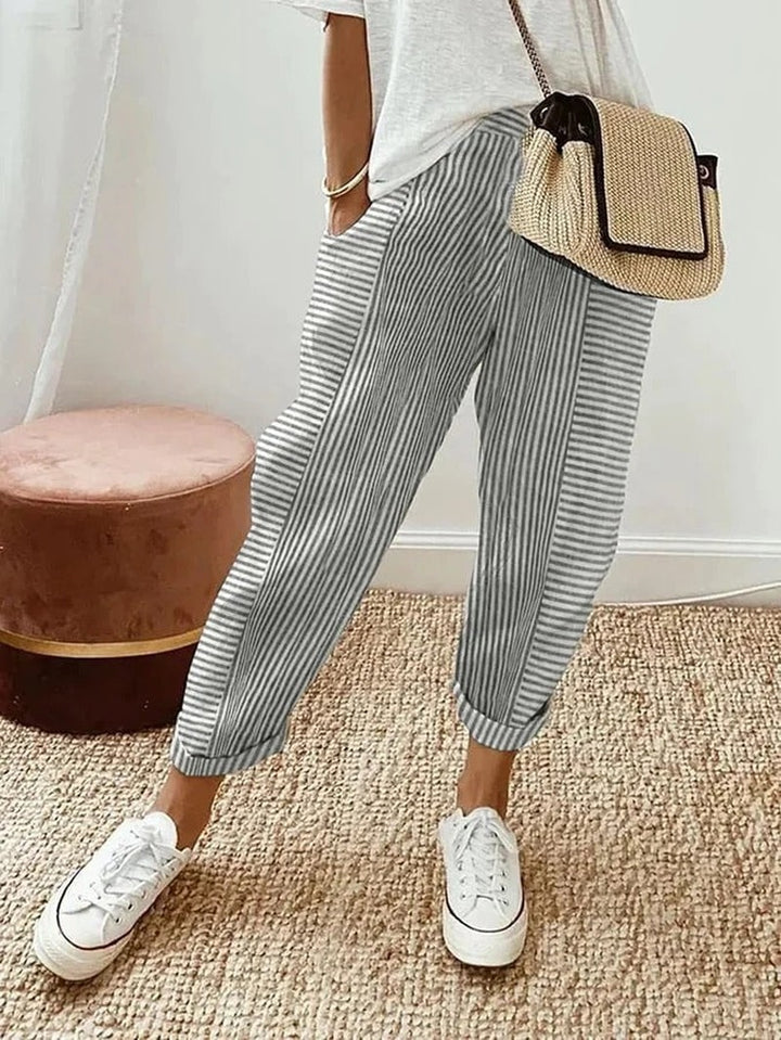 Tapered Linen Trousers with Pockets for Women in grey / white