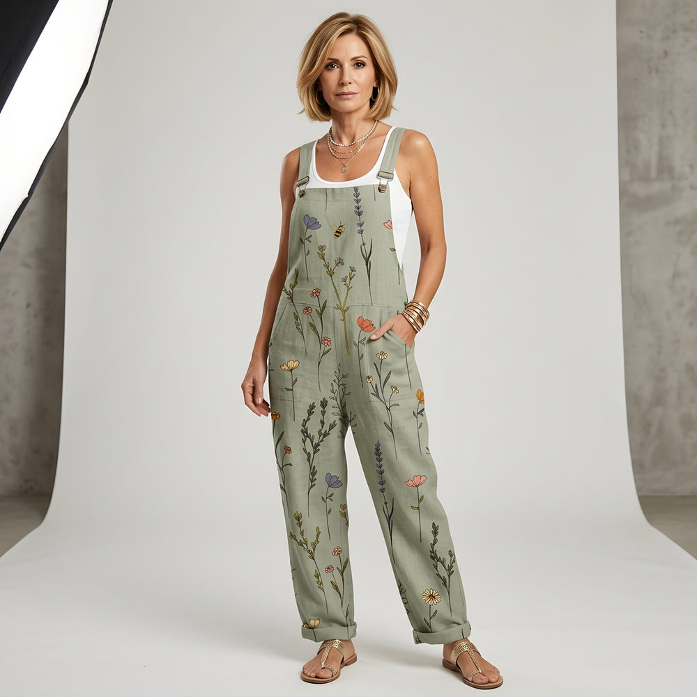 Floral Print Dungarees for Women — Camilla, Sage Green