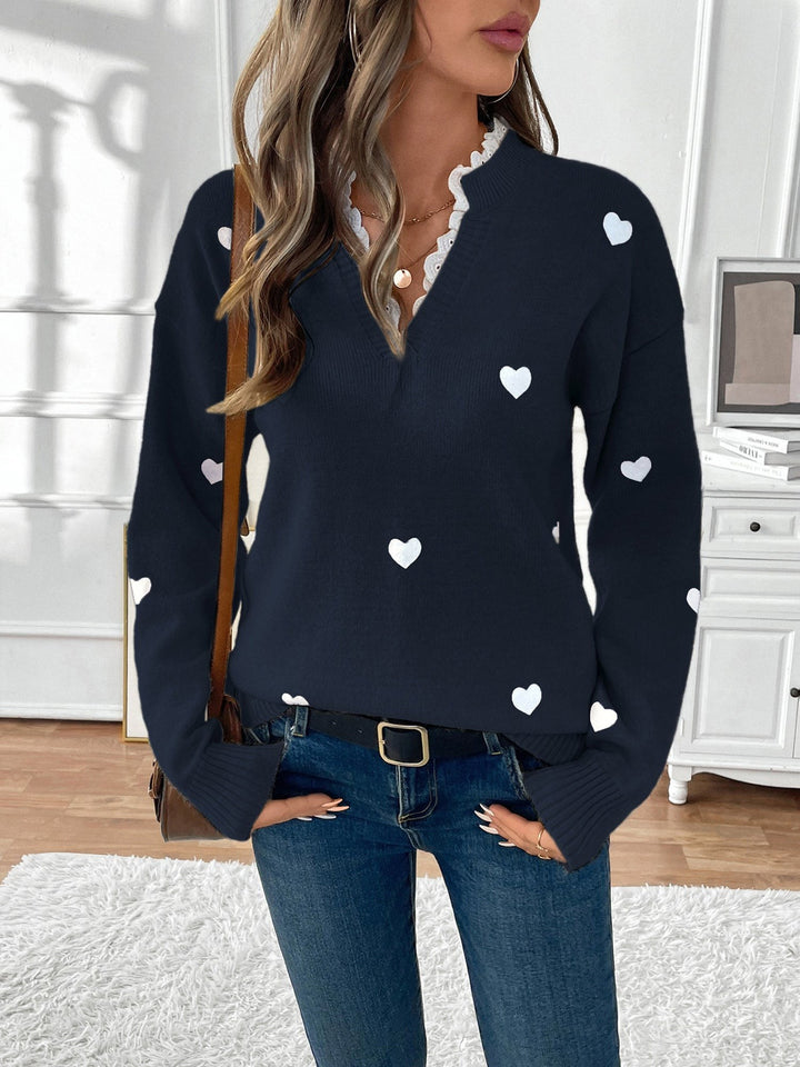 Ceridwen Heart Print Lace Trim V Neck Jumper for Women