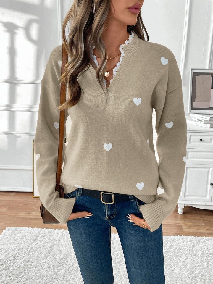 Ceridwen Heart Print Lace Trim V Neck Jumper for Women