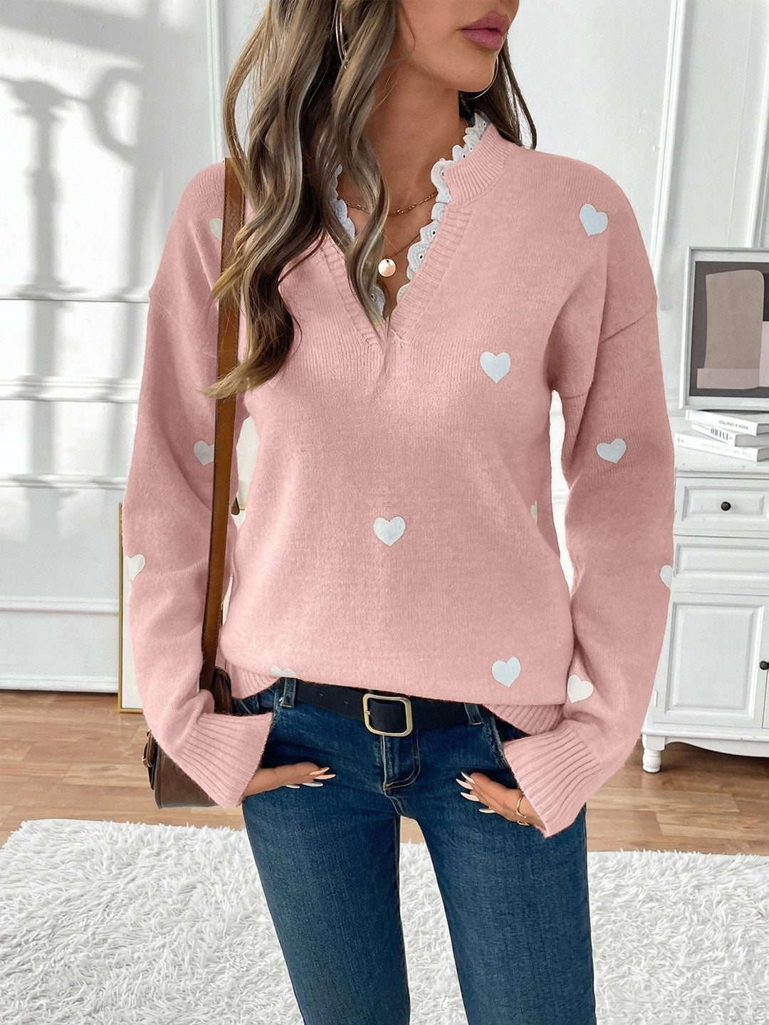 Ceridwen Heart Print Lace Trim V Neck Jumper for Women