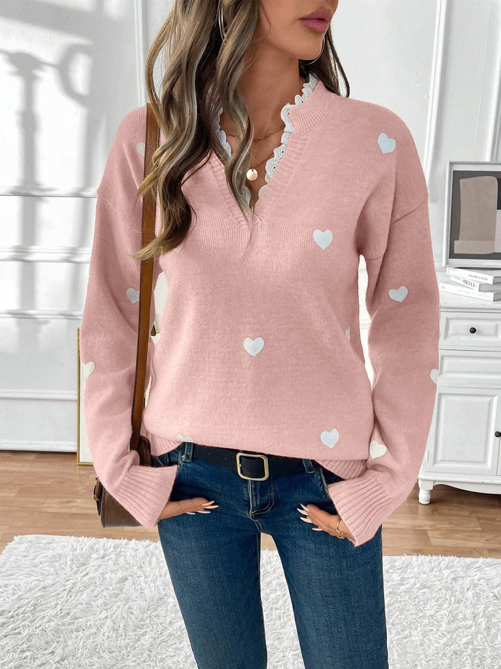 Ceridwen Heart Print Lace Trim V Neck Jumper for Women