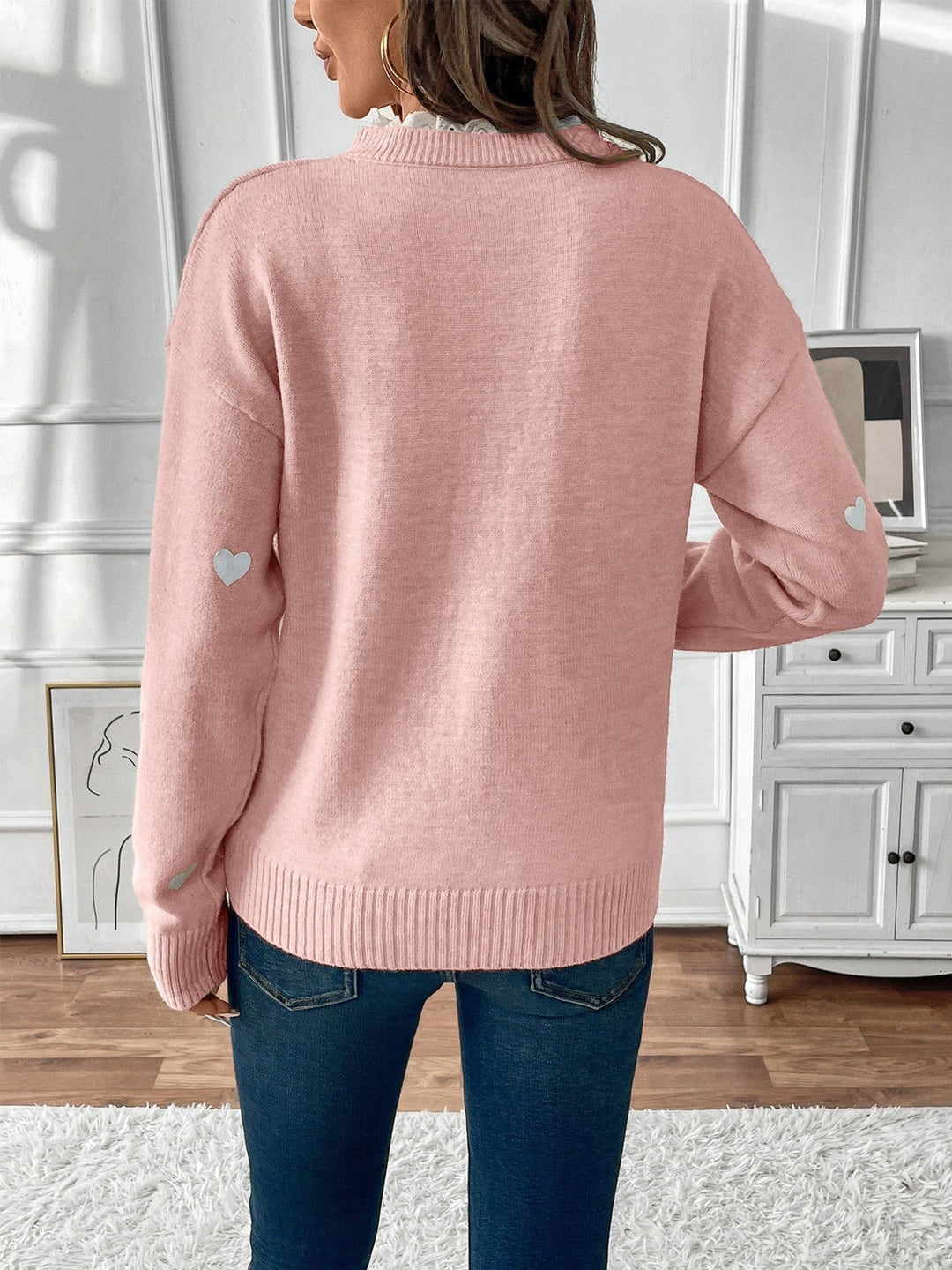 Ceridwen Heart Print Lace Trim V Neck Jumper for Women