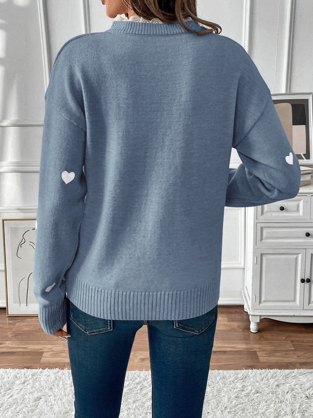 Ceridwen Heart Print Lace Trim V Neck Jumper for Women