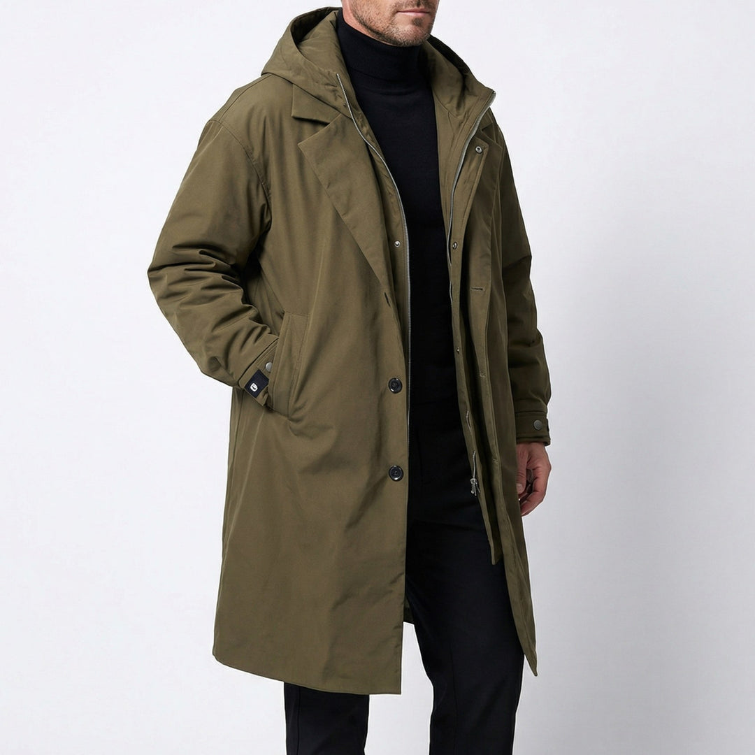 Water Resistant Long Coat — Christopher, Army Green