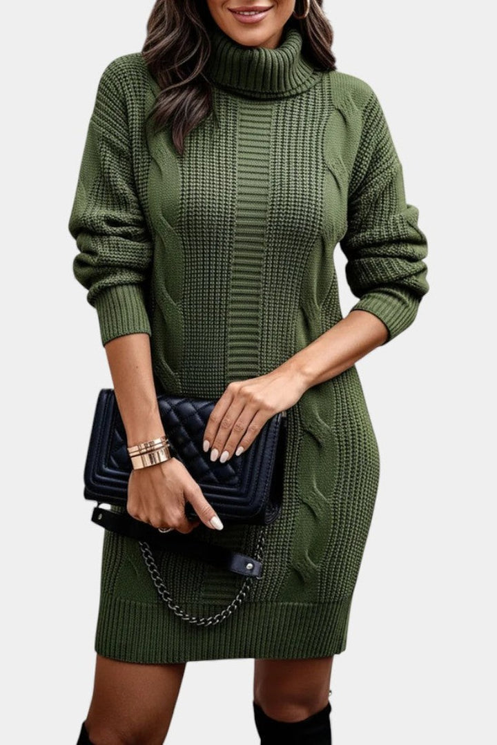 Clarette — Cable Knit Roll Neck Jumper Dress, Moraine Fashion