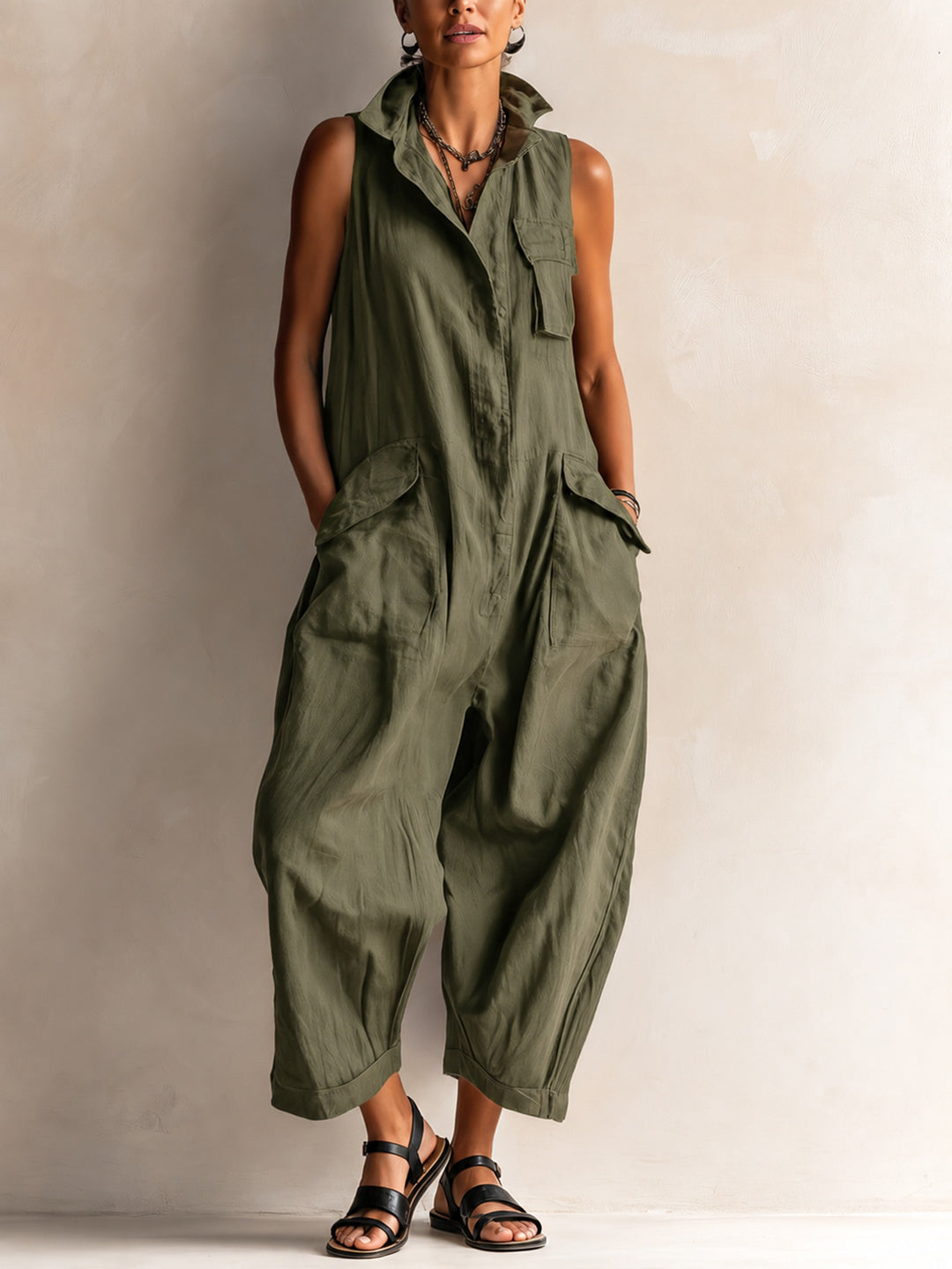 Sleeveless Utility Jumpsuit for Women — Daphne, Olive Green