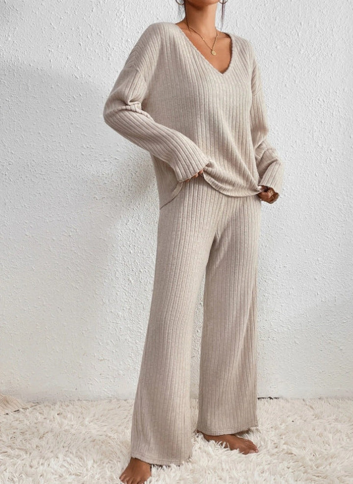 Ribbed Knit Loungewear Set with V Neck Jumper