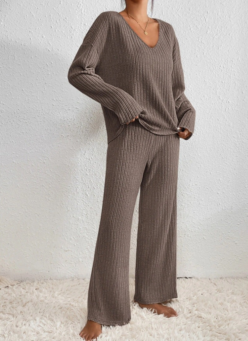 Ribbed Knit Loungewear Set with V Neck Jumper in coffee brown
