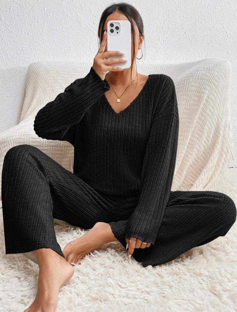 Ribbed Knit Loungewear Set with V Neck Jumper in black