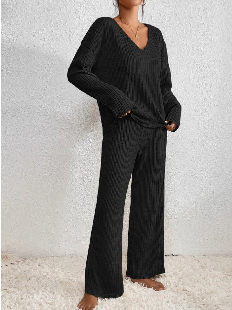 Ribbed Knit Loungewear Set with V Neck Jumper
