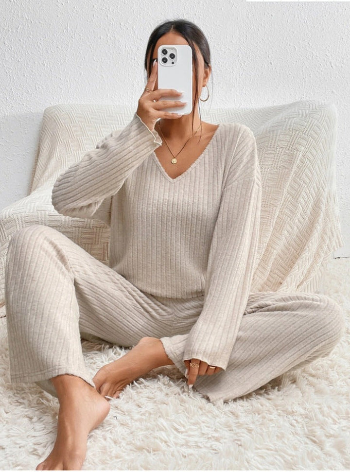 Ribbed Knit Loungewear Set with V Neck Jumper