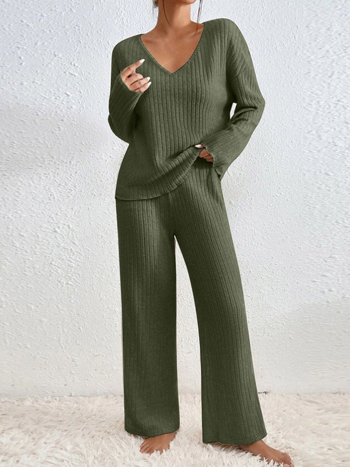 Ribbed Knit Loungewear Set with V Neck Jumper in army green
