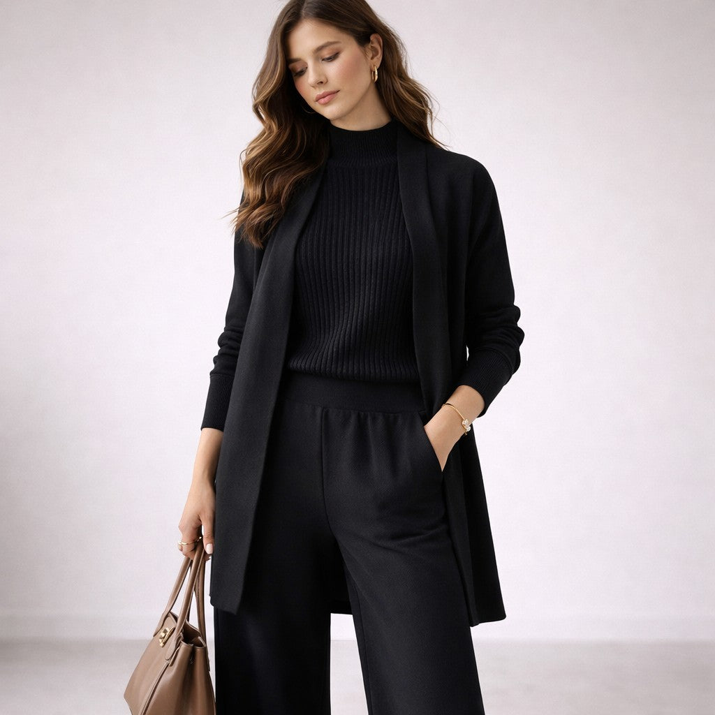Three Piece Knit Loungewear Set for Women in black