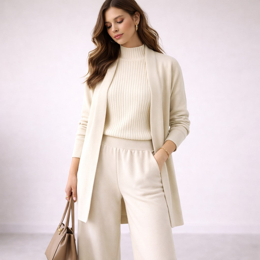 Three Piece Knit Loungewear Set for Women in white
