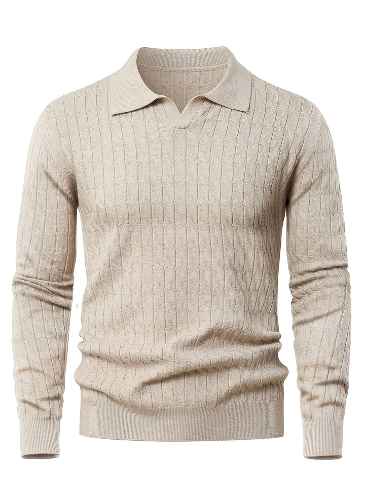 Dylan – Cable Knit Jumper for Men with Open Collar and Ribbed Hem