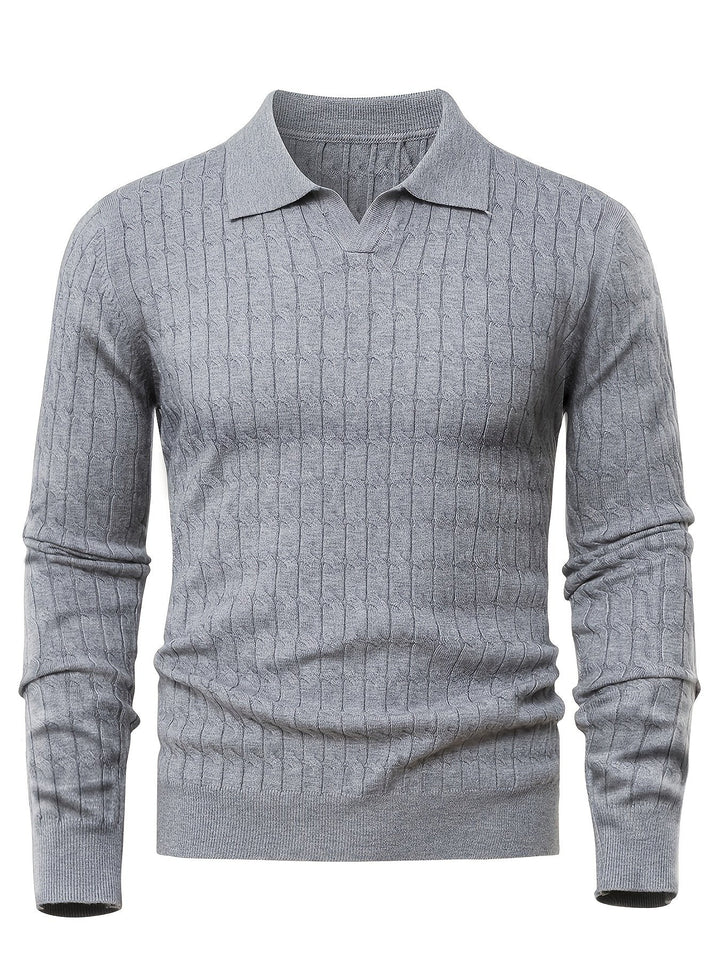 Dylan – Cable Knit Jumper for Men with Open Collar and Ribbed Hem