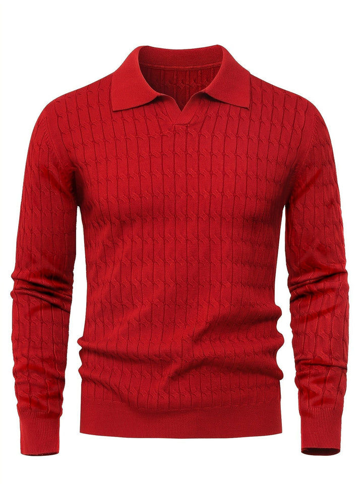 Dylan – Cable Knit Jumper for Men with Open Collar and Ribbed Hem