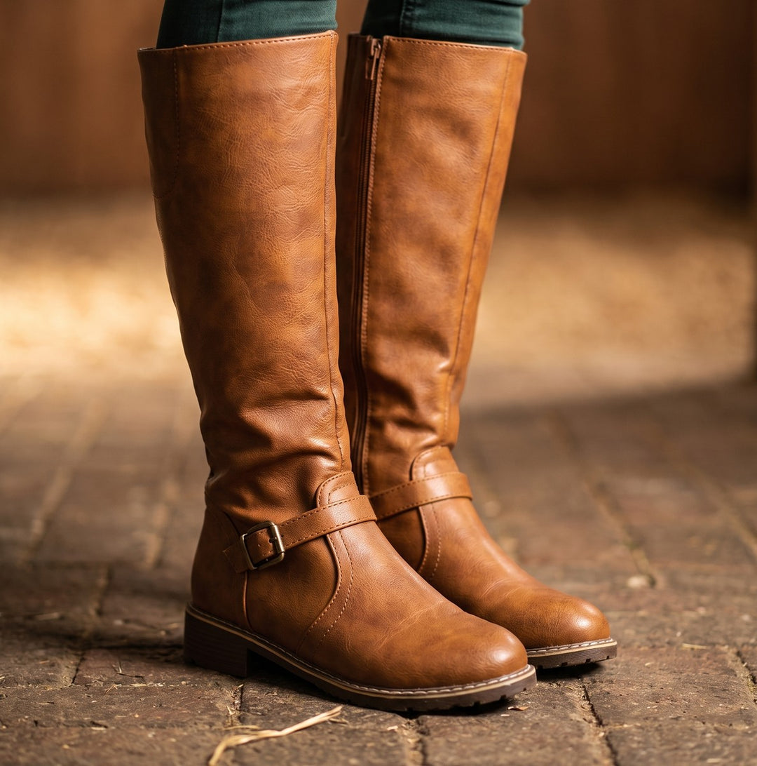 Edith — Buckled Knee High Boots with Block Heel, Moraine Fashion