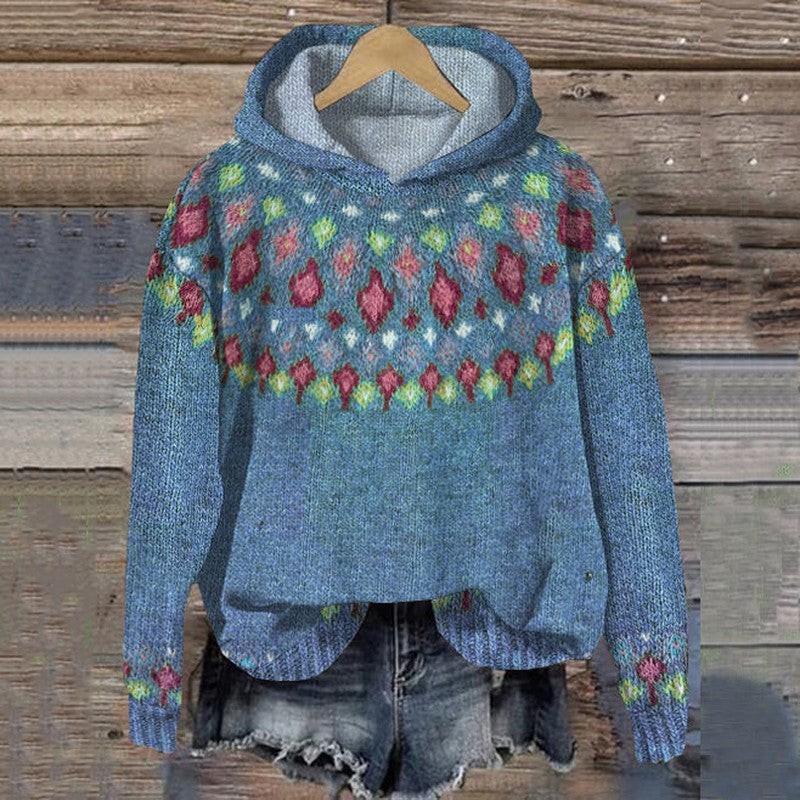 Nordic Fair Isle Christmas Jumper with Hood in blue