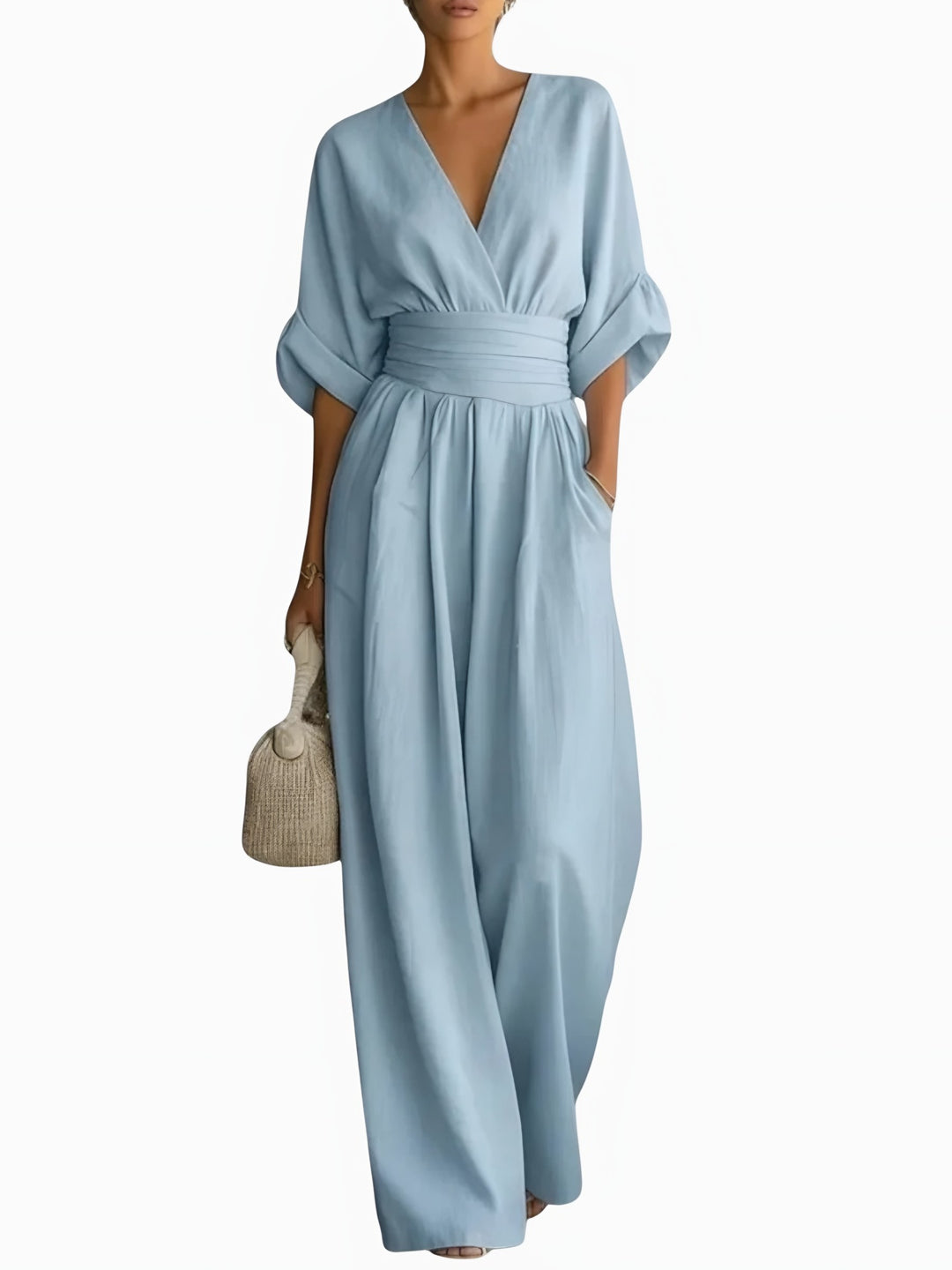 Wrap Front Wide Leg Jumpsuit for Women — Eloise, Light Blue