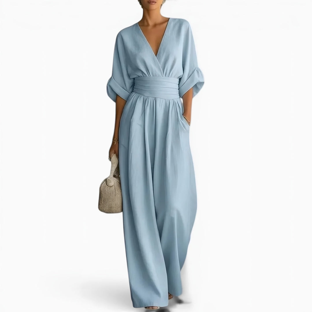 Wrap Front Wide Leg Jumpsuit for Women — Eloise, Light Blue