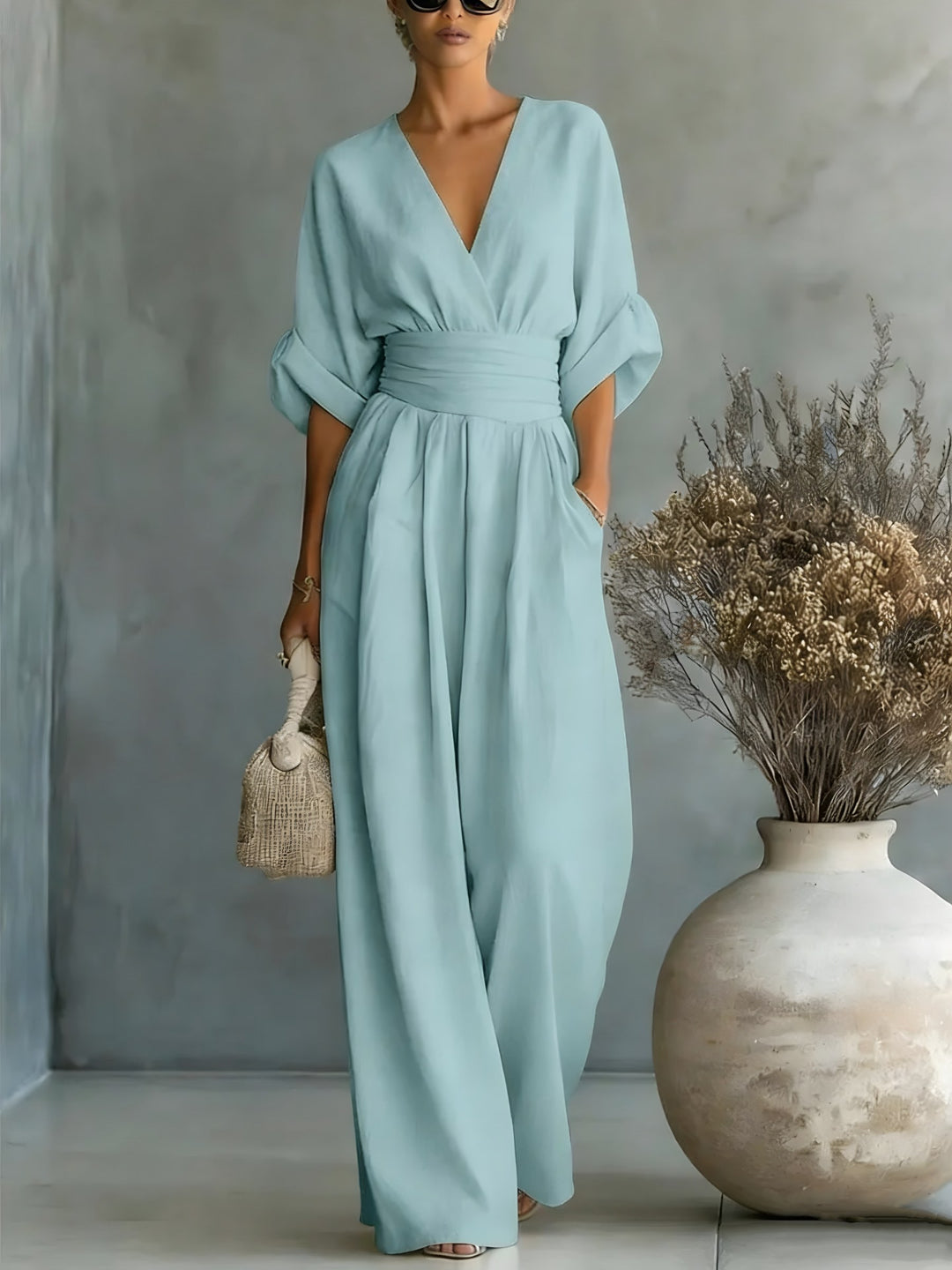 Wrap Front Wide Leg Jumpsuit for Women — Eloise, Sky Blue