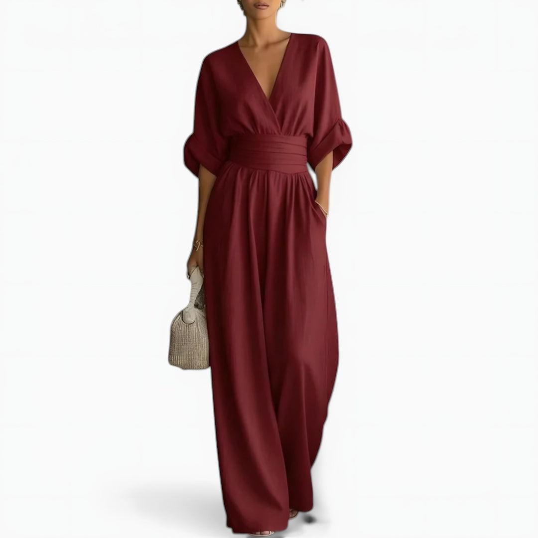 Wrap Front Wide Leg Jumpsuit for Women — Eloise, Burgundy