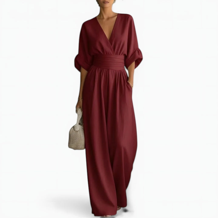Wrap Front Wide Leg Jumpsuit for Women — Eloise, Burgundy