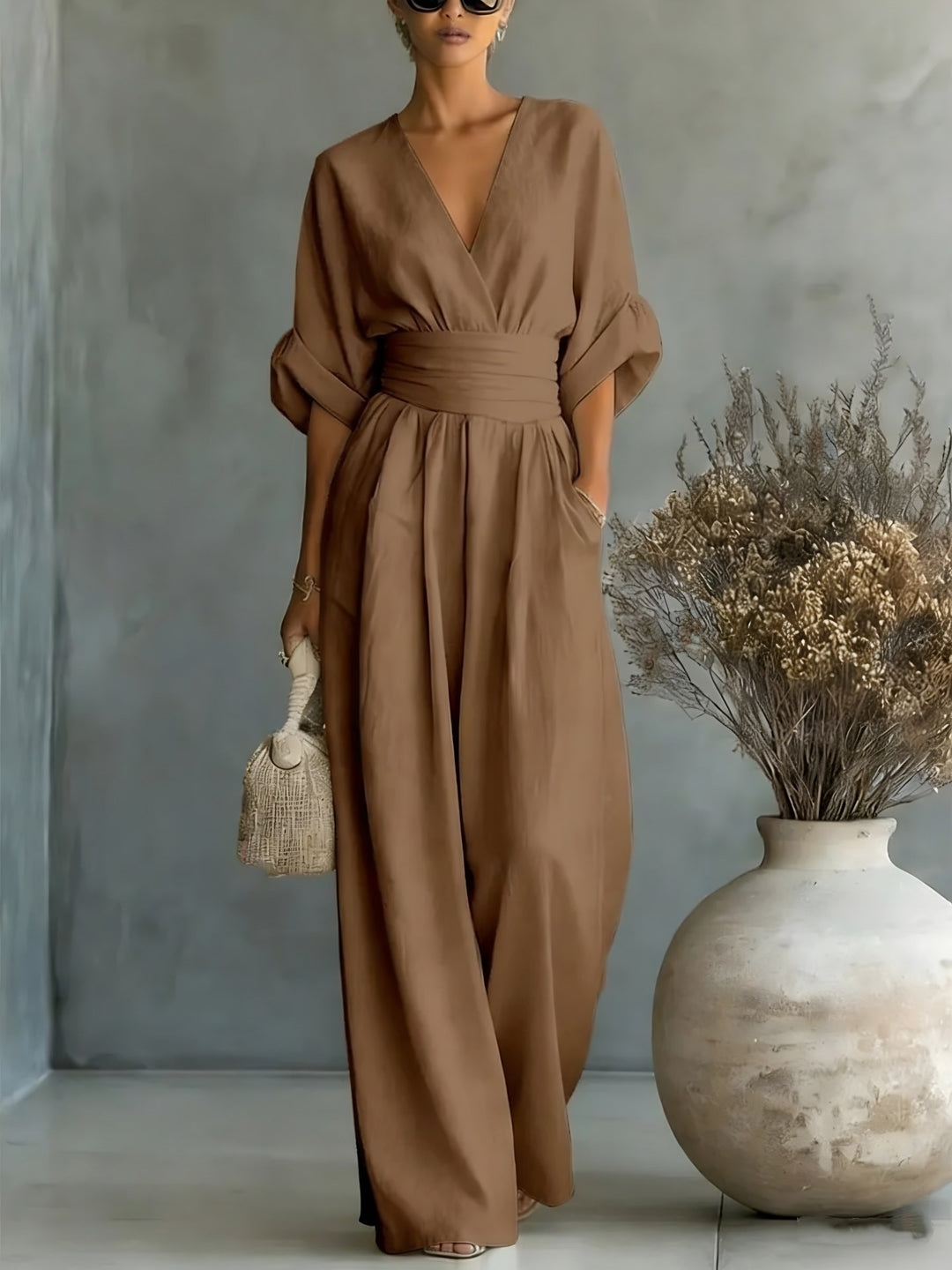 Wrap Front Wide Leg Jumpsuit for Women — Eloise, Brown