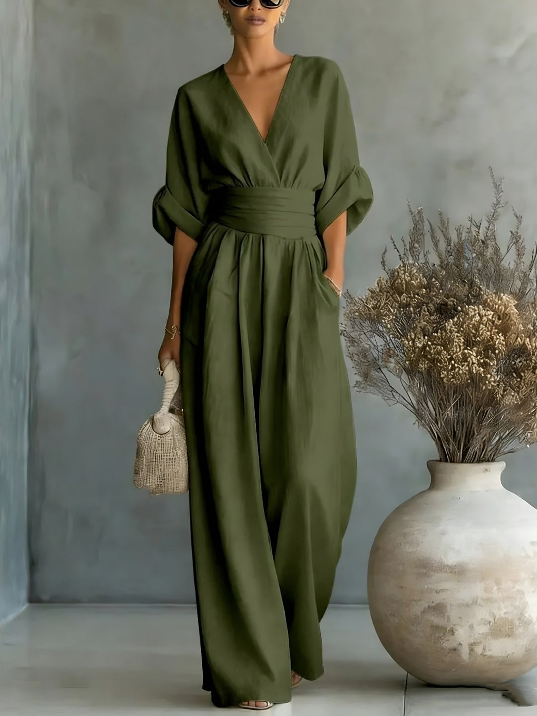 Wrap Front Wide Leg Jumpsuit for Women — Eloise, Army Green