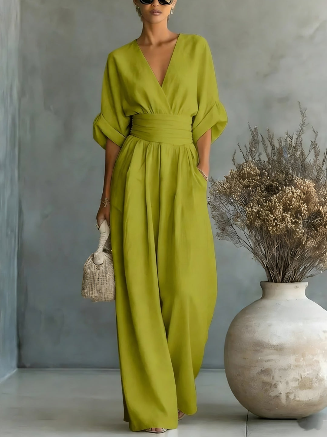 Wrap Front Wide Leg Jumpsuit for Women — Eloise, Lime Green