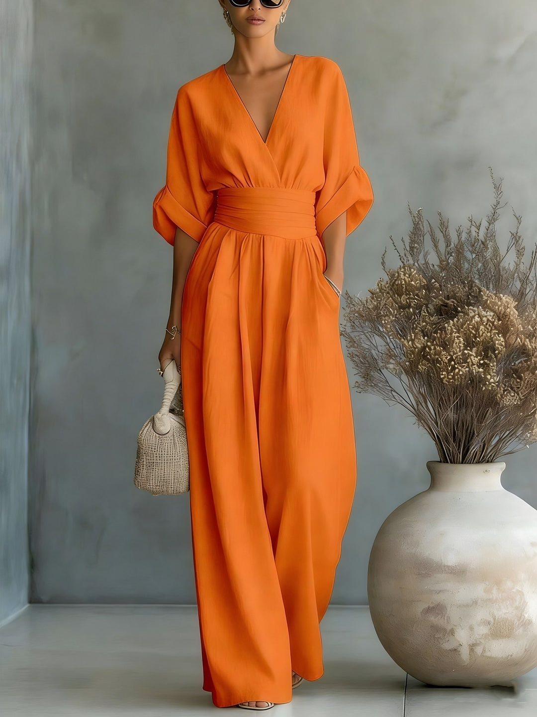 Wrap Front Wide Leg Jumpsuit for Women — Eloise, Orange