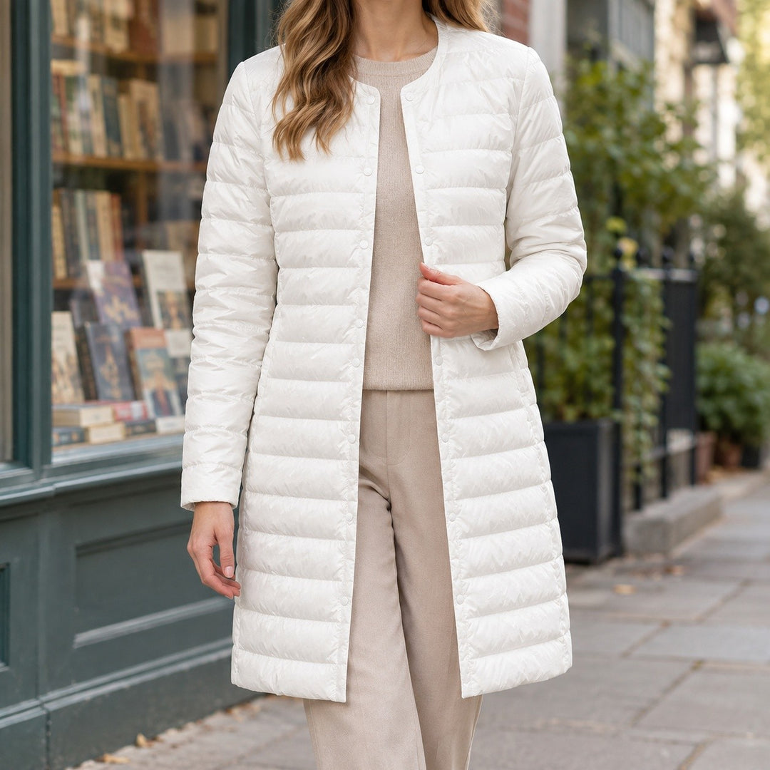 Evelyn – Slim Fit Long Puffer Coat for Women with Buttons