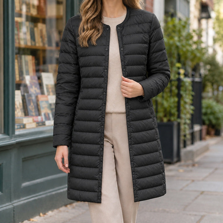 Evelyn – Slim Fit Long Puffer Coat for Women with Buttons