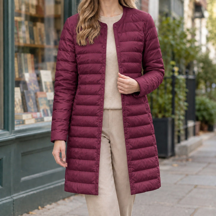 Evelyn – Slim Fit Long Puffer Coat for Women with Buttons