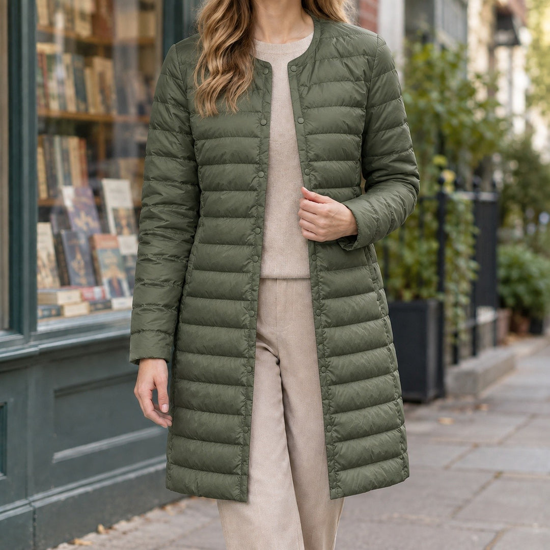 Evelyn – Slim Fit Long Puffer Coat for Women with Buttons