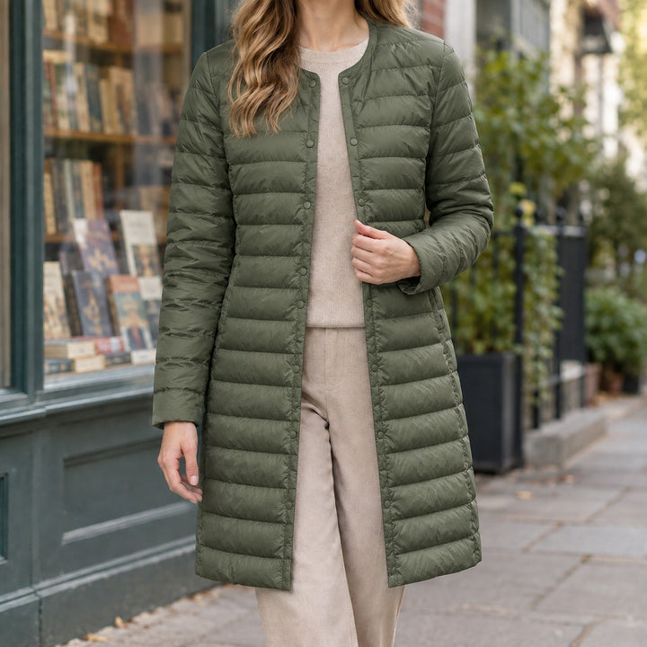 Evelyn – Slim Fit Long Puffer Coat for Women with Buttons