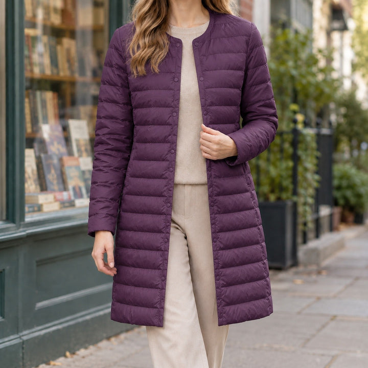 Evelyn – Slim Fit Long Puffer Coat for Women with Buttons