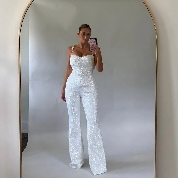 Sequin Wide Leg Jumpsuit for Women — Florence, White