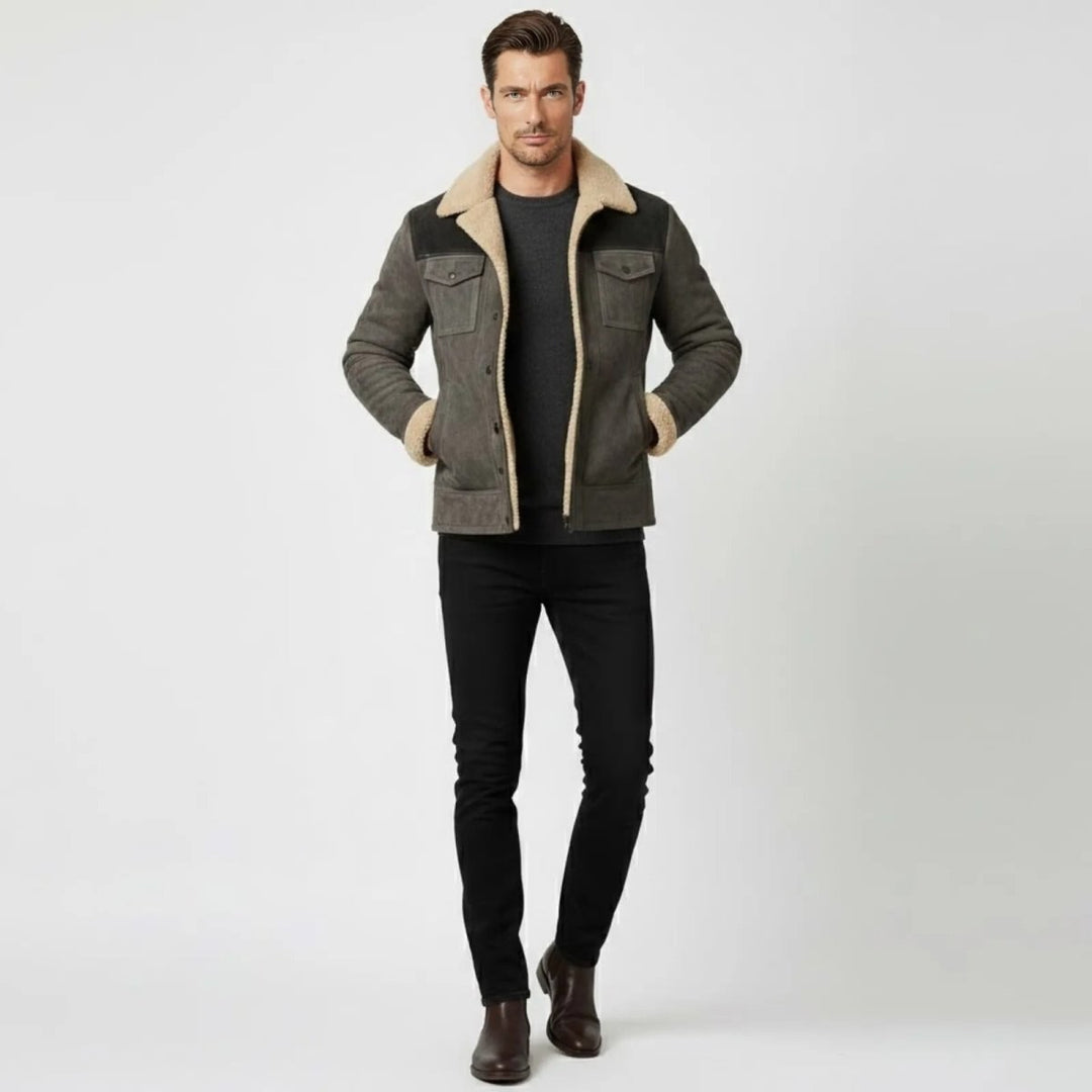 Suede Look Shearling Winter Coat — Frederick, Grey