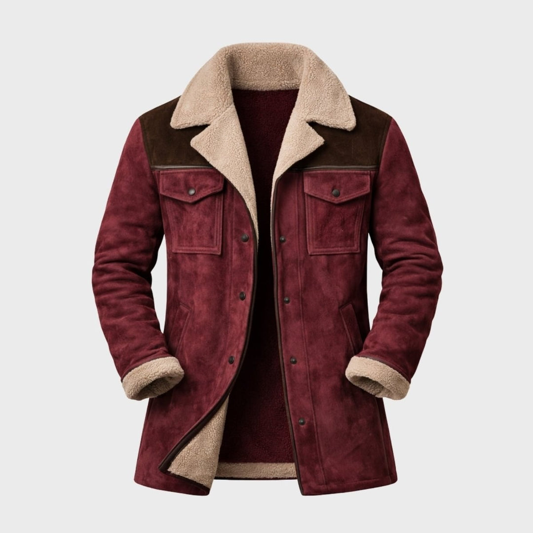 Suede Look Shearling Winter Coat — Frederick, Olive Green