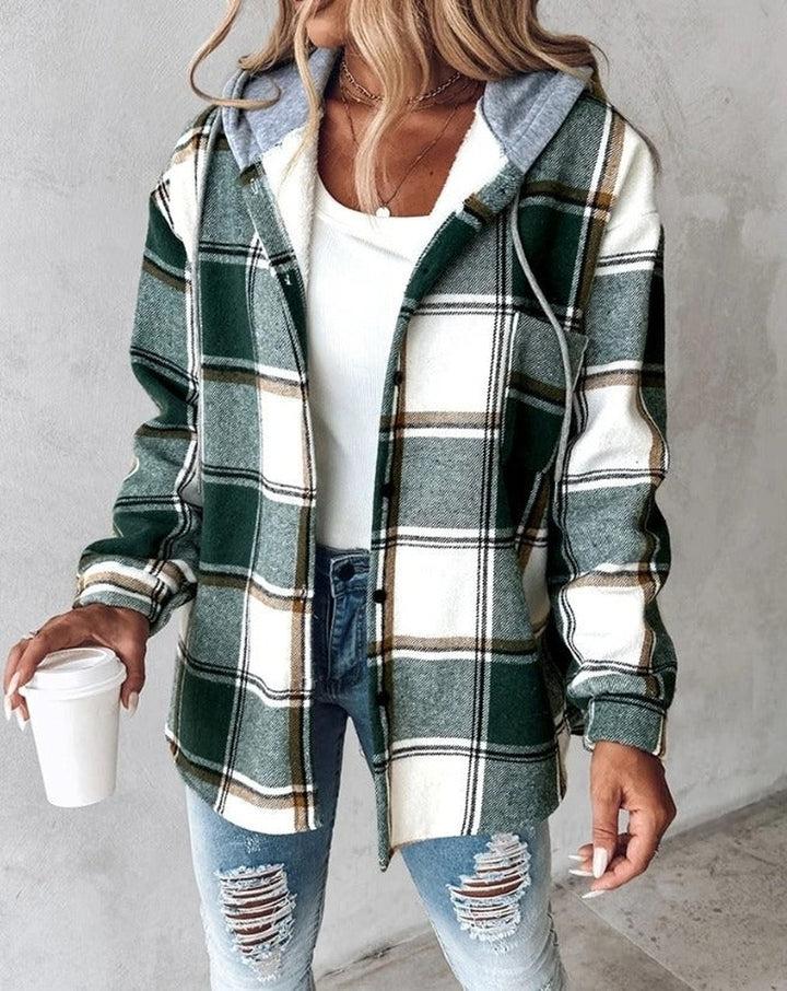 Check Print Hoodie with Kangaroo Pocket in green