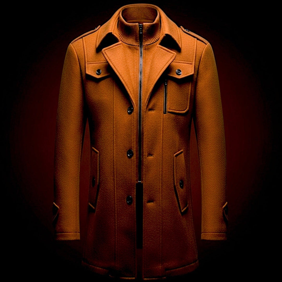Wool Officer Coat with Stand Collar — Humphrey, Burnt Orange