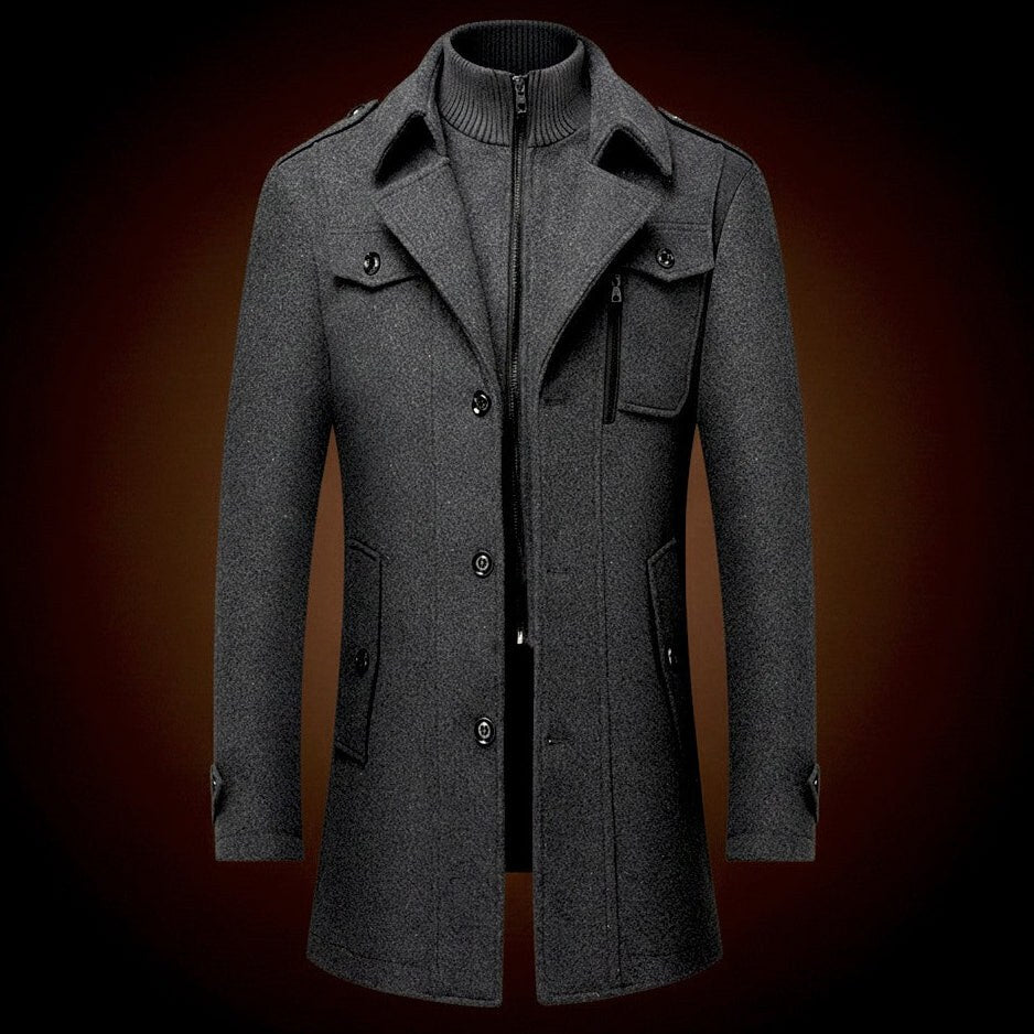 Wool Officer Coat with Stand Collar — Humphrey, Charcoal