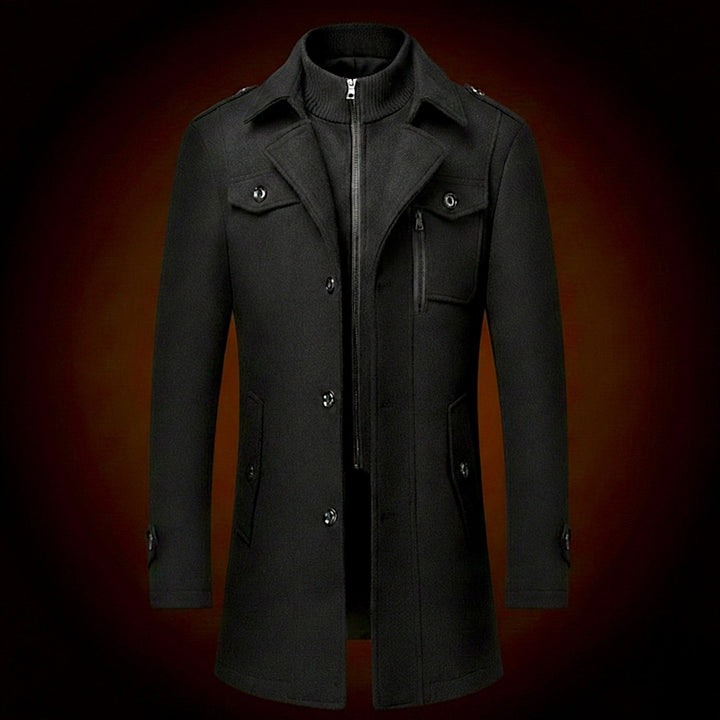 Wool Officer Coat with Stand Collar — Humphrey, Charcoal